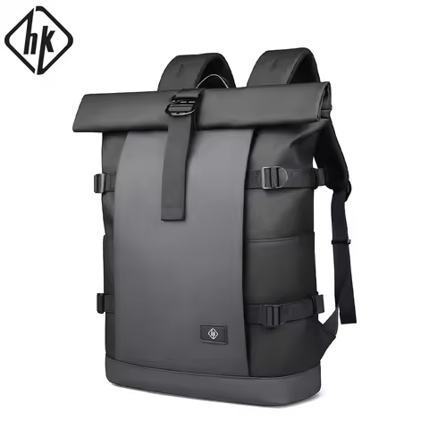 HK Waterproof Roll-Top Backpack for Men Large Capacity Expandable 17 Inch Laptop Bag Leisure Travel 