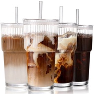 DWTS DANWEITESI 20oz Stylish Vertical Stripes Thickened Glass Coffee Cups with Lid & Straw, Set of 4