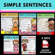 E76 (PDF) Simple Sentences 5 sets bundle I Beginner Reader Kids learning printable