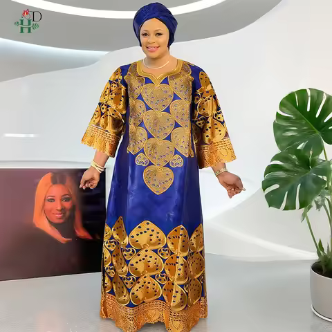 African Women's Dresses Embroidery Bazin Riche Dress Plus Size Wedding Bubu Gowns Elegant Kaftan Bou