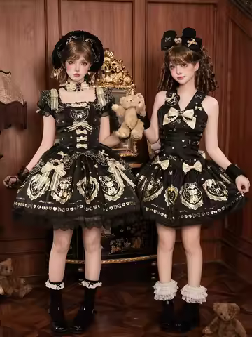 Brown Sugar Bear - Old School Lolita OP & Halter Dress, Bear Print by Alice Girl PRE ORDER / 5 month