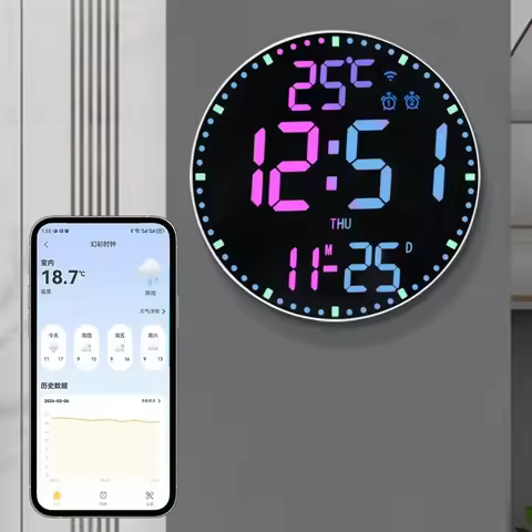 WiFi RGB Wall Hanging Clock Colorful Led Wall Calendar Clock Date Temperature Display and Dual Alarm