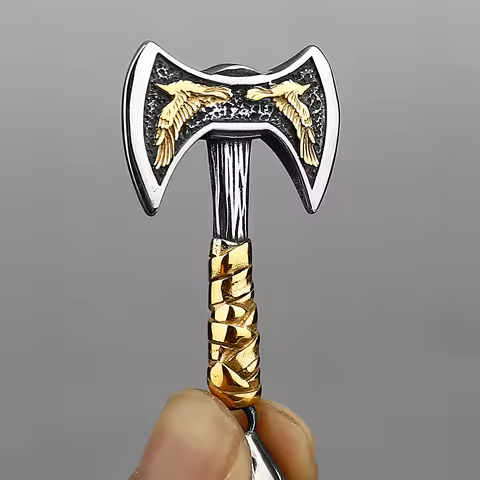 Viking Odin Raven Double Axe Necklace Mixed Gold Color Stainless Steel Pendant Men's Scandinavian Je