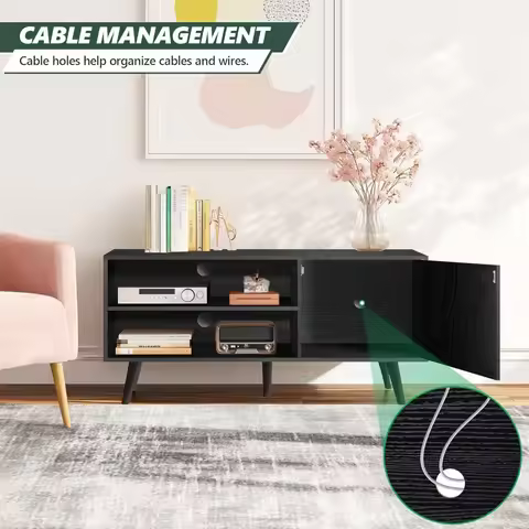 TV Stand for 55 Inch TV, Black Wood Television Stand 1 Cabinet Modern Entertainment Center with Stor