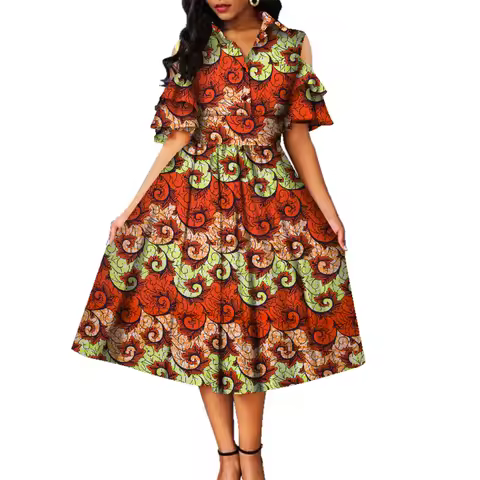 African Ankara Print Women Dress Half Sleeves Turnover Collar Women Cotton Ankara Dress WY6319