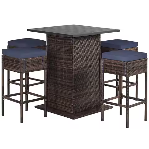 5Piece Outdoor Bar Set, Wicker Rattan Bar Height Patio Set w 4 Cushion Bar Stools amp Table with Hid