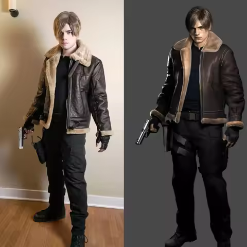 Resident Evil 4 Remake Leon Cosplay Set Brown Faux Leather Bomber Jacket Utility Belt Hand Mic Holst
