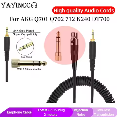 High quality 6.35MM + 3.5MM Spring Headphone Cable for AKG K240 K702 Q701 K271 K267 K712 Headset Rep
