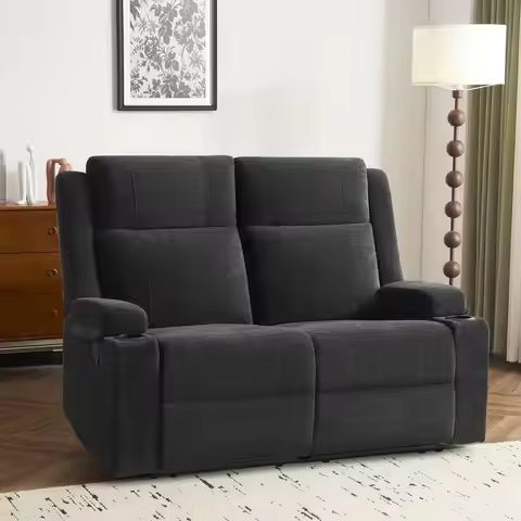 Manual Reclining Loveseat Sofa, 2-Seater Recliner Couch with Cup Holders, Fabric Reclining Sofa for 