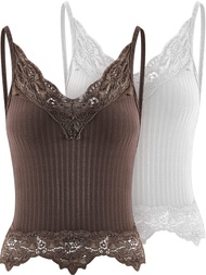 2 Pcs Lace Y2K Tank Top Fairy Grunge Clothes Y2K Crop Top Girls Lace Patchwork Crop Top Cami Ribbed
