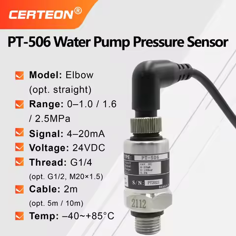 PT-506 0-1/1.6/2.5MPa Water Pump Pressure Sensor Transmitter 4-20mA 24VDC G1/4 Elbow Straight Head H