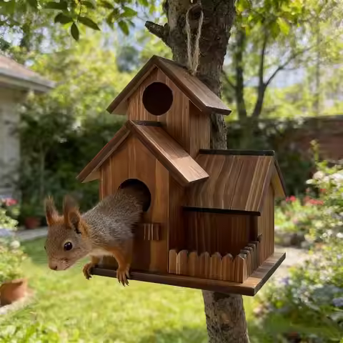 Squirrel Feeder Three-Room Design Wooden Feeding Outdoor Station Chipmunk Feeder with Flexible Roof