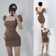 Basic women's mesh bodycon dress with square neck and puff sleeves, standard a8 slim form