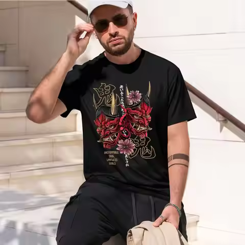 new printed T-shirt printed with Men's Japanese Red Oni Mask Ukiyo-e T-Shirt Dark Samurai Soul Trend