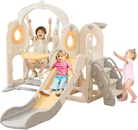 Freestanding Toddler Slide with Swing Set, 6 in 1 Kids Indoor Slide for Toddlers 1-3，L Shaped Slide 