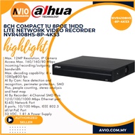 Dahua 8CH 8 Channel 5MP 5 Megapixel 8MP Lite IP Network NVR Recorder 1U 8Poe 1HDD NVR4108HS-8P-4KS3