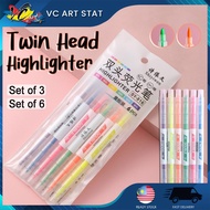 VC Art Twin Head Highlighter Set of 3/6 with Round Tip & Chisel Capsule Highlight 6's Colors School 