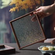 Glass Tray with Begonia Embossing, Walnut Color Rectangular Tea Tray, Storage Ornament Snack Tray