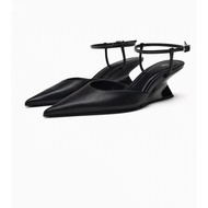 Zara Autumn New Product Women's Shoes Black White Sheep Leather Wedge Heel Mules Shallow Mouth Buckle Strap Single Shoes Women