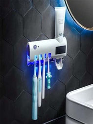白色多功能感應式牙刷架,自動擠牙膏孔,免釘牆壁掛牙刷收納盒