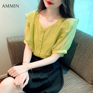 AMMIN เสื้อชีฟองฟูแขนสั้นคอสี่เหลี่ยมสไตล์เกาหลีใหม่เสื้อผ้าชีฟองแฟชั่นแขนพองสำหรับผู้หญิงสำหรับฤดูร