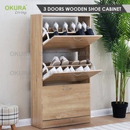 OKURA 3 Doors Wooden Shoe Cabinet /  3-Drawer Shoe Storage Unit / 3 Tier Shoe Cabinet / Rak Kasut