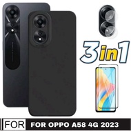 3in1 Soft Case Matte Pro Camera Oppo A58 4G 2023 Package - Black Macaron Case + TG Lens Camera + 9D 