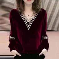 Plus Size Women's Gold Velvet Long Sleeve T-Shirt - Loose Fit, Autumn/Winter, M-5XL