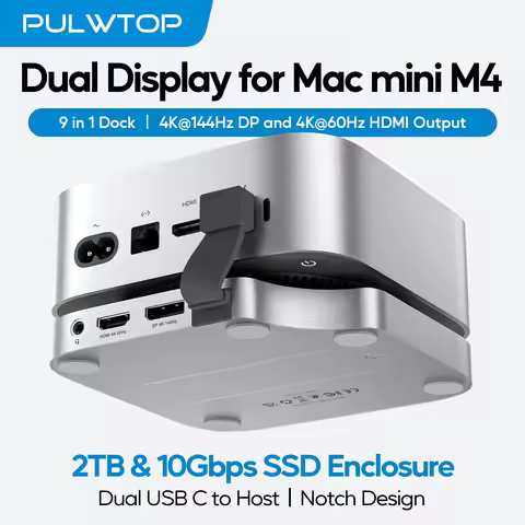 PULWTOP Mac Mini M4 Dock Stand with DP 4K 144Hz & HDMI 4K60, Mac Mini M4 Pro Hub with 4TB NVMe SSD E