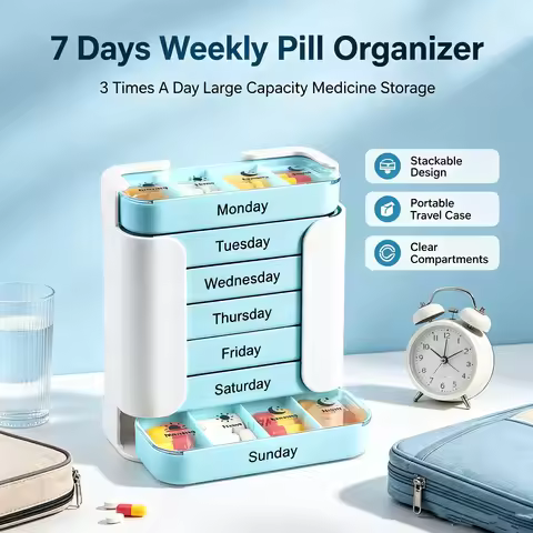 7 Day Weekly Pill Organizer 4 Times A Day Drawer Medicine Box Portable AM Noon Night Vitamin Storage