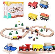 BetDEF Wooden Train Set,39 Pcs-with All-Wood Train Tracks with Double Sided Wooden Tracks and Color 