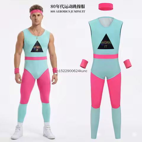 5pcs Set Adult Sportwear Vintage 80s 90s Fitness Coach Cosplay Uniform Suit for Men Halloween Carniv