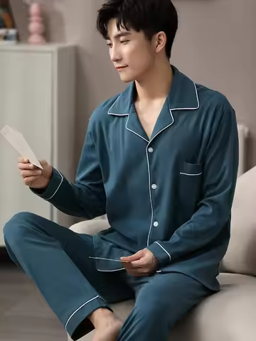 Blue Cotton Pajamas Winter Men Sleepwear Nightwear Full Sleeves PJ Pijama Hombre Home Clothes 2 Piec