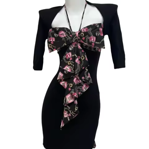 Women's Y2K Black Bodycon Mini Dress - Big Bow Perfume Print Padded Shoulder Dress, Sweet Edgy Vinta