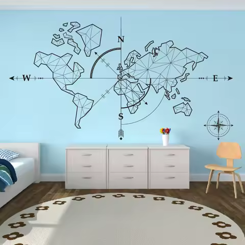 Large World Map Compass Earth Wall Sticker Office Classroom World Map Travel Global Exploration Adve