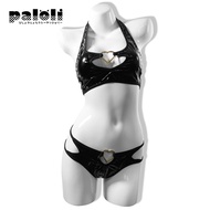 [oowld] Women Cosplay Costume Anime Succubus Bikini Swimsuit Leather Lingerie Halter Neck Black Stai
