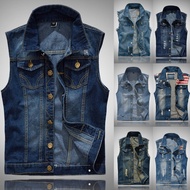 Ready Stock &amp; COD lelaki jaket tanpa lengan Denim Vest kasual Waistcoat lelaki Jean Vest Ripped Slim Fit jaket Cowboy lelaki