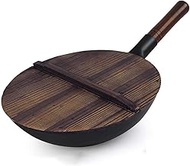 Cast Iron Wok with Wooden Lid, Woks &amp; Stir-Fry Pans, Nonstick Fry Wok Cooking Wok Pan No Chemical Stir Fry Pan, Chinese 100% Hand Hammered Iron Woks Stir Fry Pans, Earless,32cm/ 13 inch () interesting