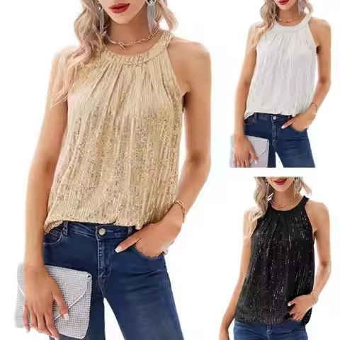P88A Women Sequins Camisole Sleeveless Halter Top Cocktail Vest