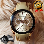 Michael Kors MK Tri-Chrono Glossy Brown Dial Black Bezel Brown Rubber Strap Fashion Watch for Men Wa