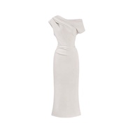 GOOTRADES Solid Color Sloping Shoulder Long Dress Long Temperament Slim Fit Long Skirt Soft Beige Ap