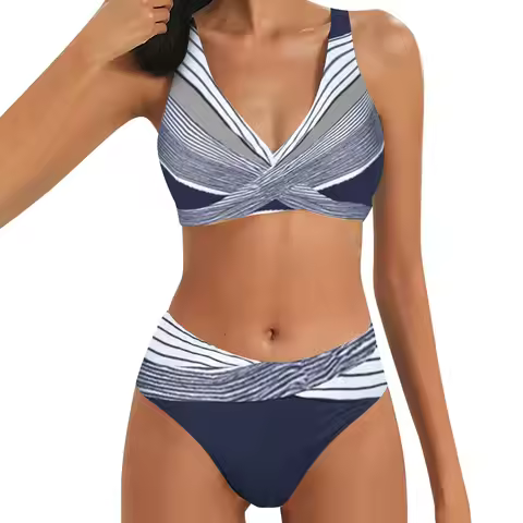 Color Block Two Piece Swimsuit Beach Bikini V Neck Swim Top And High-Waist Bikinibottom Briefs Ladie
