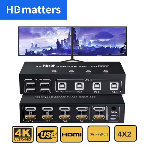 Dual Monitor HDMI KVM Switch 4X2/2X2 HDMI USB KVM Switch or HDMI+DisplayPort KVM USB Switch Dual Dis