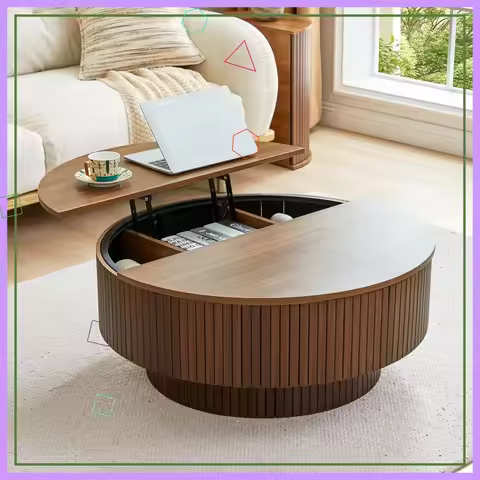 33" Lift-Top Round Coffee Table with Hidden Storage, Modern Fluted Design for Small Spaces