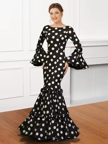 Polk Dot Print Maxi Dress for Women Flare Sleeve Ruffle Elegant Trumpet Dress Slim Round Neck Temper