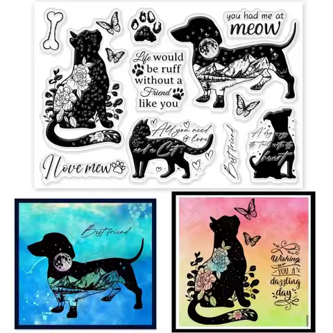 Dogs Cat Silhouette Clear Stamps for DIY Scrapbooking Flowers Landscape Silhouette Silicone Clear St