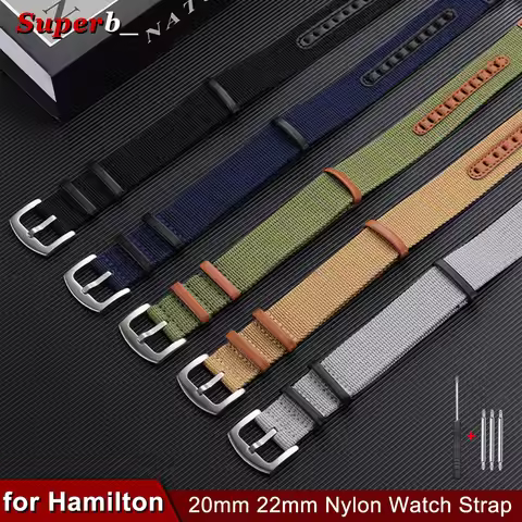 20mm 22mm Nylon + Genuine Leather Watch Strap for Hamilton Khaki Field Watch Green, Black, Gray Men'