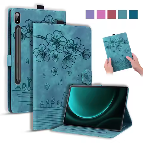 Funda For Samsung Galaxy Tab S9 FE Case 10.9" Emboss 3D Flower Cat Wallet Tablet Coque For Galaxy Ta
