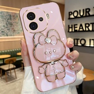 เคส IQOO Z9 5G เคส IQOO Z9X 5G เคส IQOO Z9 Turbo เทอร์โบทรงตรงชุบกระจกแต่งหน้ากระต่ายที่วางเคลือบบาง