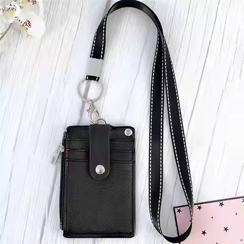 Card Holders With Hanging Rope ID Card Holder PU Leather Work ID ID Card Holder Neck Lanyard​ Employ